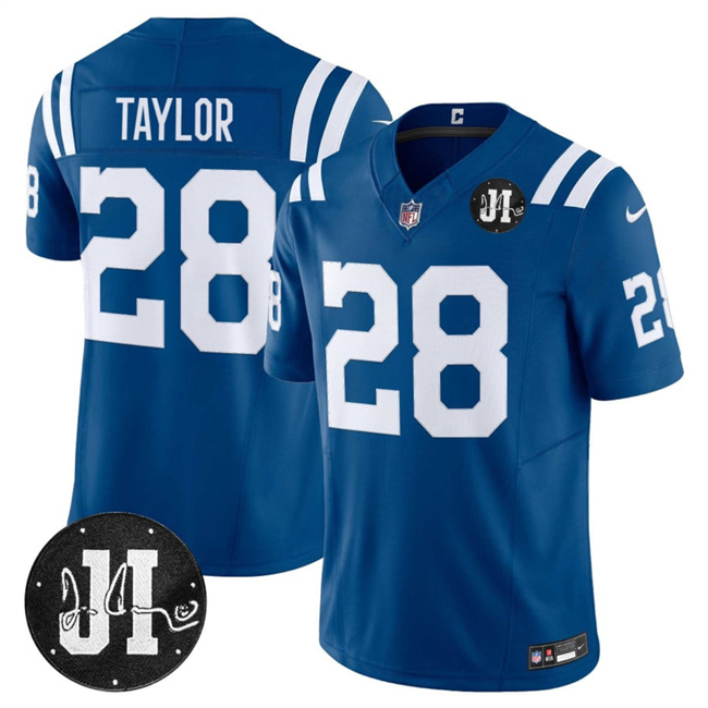 Indianapolis Colts #28 Jonathan Taylor Blue 2025 F.U.S.E. Jim Irsay Patch Vapor Limited Football Stitched Jersey Indianapolis Colts #28 Jonathan Taylor Blue 2025 F.U.S.E. Jim Irsay Patch Vapor Limited Football Stitched Jersey