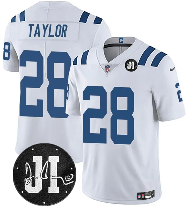 Indianapolis Colts #28 Jonathan Taylor White Jim Irsay Patch Vapor Limited Football Stitched Jersey