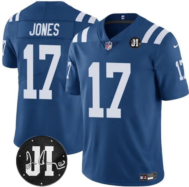 Indianapolis Colts #17 Daniel Jones Blue Jim Irsay Patch Vapor Limited Football Stitched Jersey