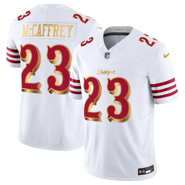 San Francisco 49ers #23 Christian McCaffrey White Gold 2025 F.U.S.E. "Rivalries" Vapor Limited Football Stitched Jersey