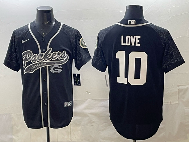 Green Bay Packers #10 Jordan Love Black Reflective With Patch Cool Base Stitched Baseball Jersey