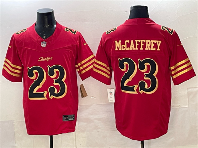 San Francisco 49ers #23 Christian McCaffrey Red Gold 2025 F.U.S.E. ??Rivalries?? Vapor Limited Football Stitched Jersey