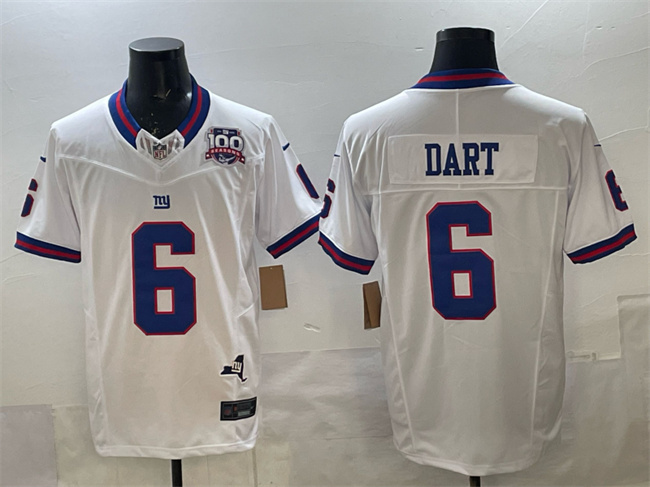 New York Giants #6 Jaxson Dart White 2025 Draft F.U.S.E. 100th Season & State Patch Vapor Limited Stitched Football Jersey
