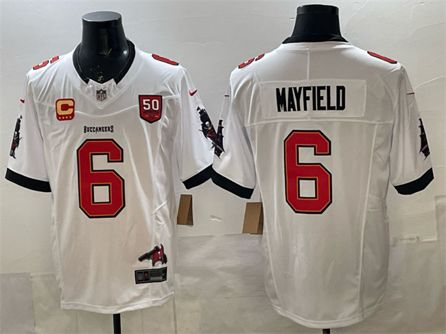 Tampa Bay Buccaneers #6 Baker Mayfield White F.U.S.E. 50th Season & 4-Star C Patch Vapor Limited Football Stitched Jersey
