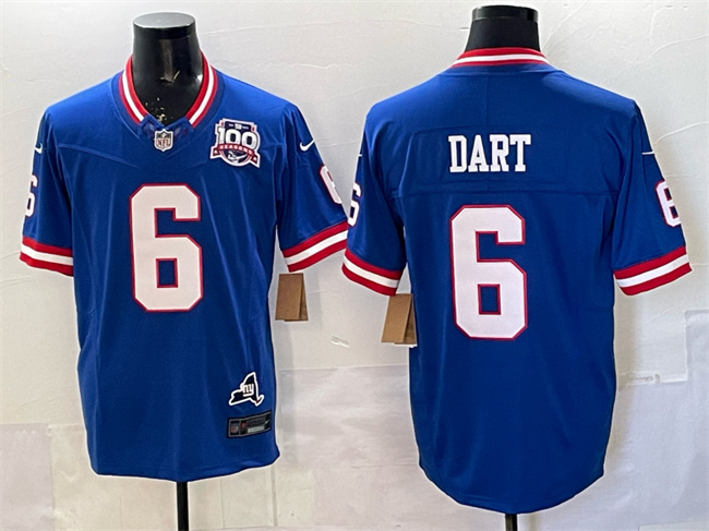 New York Giants #6 Jaxson Dart Royal 2025 Draft F.U.S.E. 100th Season & State Patch Vapor Limited Football Stitched Jersey