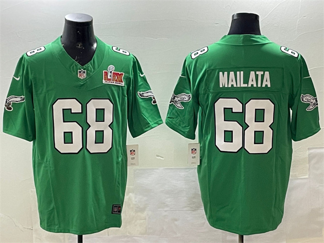Philadelphia Eagles #68 Jordan Mailata Green 2025 Super Bowl LIX Patch F.U.S.E. Throwback Vapor Untouchable Limited Stitched Football Jersey