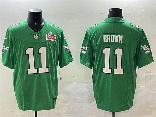Philadelphia Eagles #11 A.J. Brown Green 2025 Super Bowl LIX Patch F.U.S.E. Throwback Vapor Untouchable Limited Stitched Football Jersey