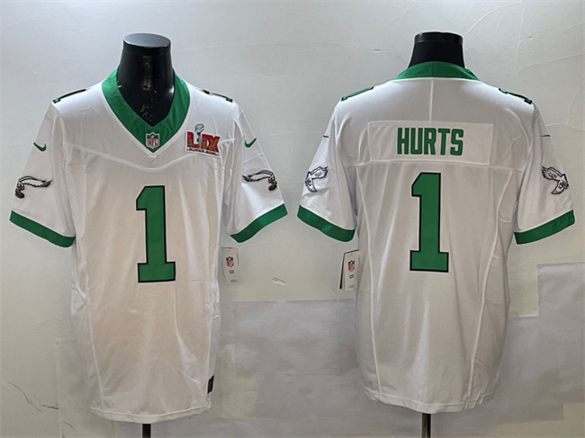 Philadelphia Eagles #1 Jalen Hurts White 2025 Super Bowl LIX Patch F.U.S.E. Vapor Untouchable Limited Stitched Football Jersey