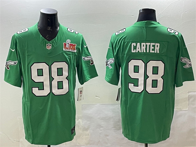 Philadelphia Eagles #98 Jalen Carter Green 2025 Super Bowl LIX Patch F.U.S.E. Throwback Vapor Untouchable Limited Stitched Football Jersey