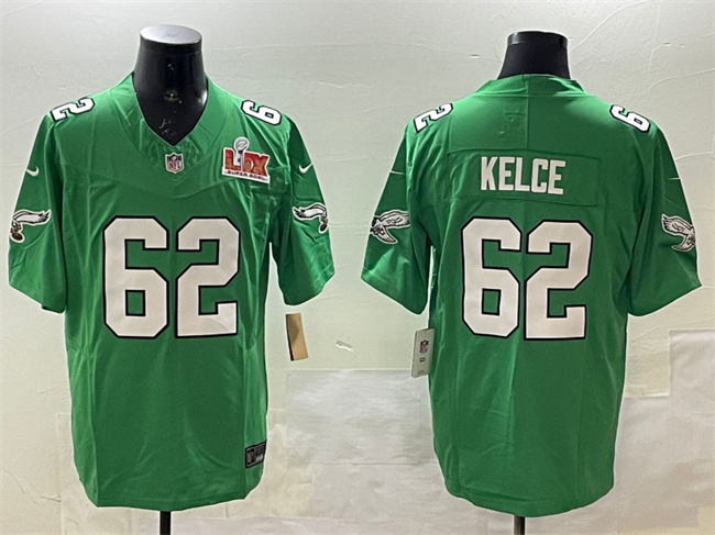 Philadelphia Eagles #62 Jason Kelce Green 2025 Super Bowl LIX Patch F.U.S.E. Throwback Vapor Untouchable Limited Stitched Football Jersey