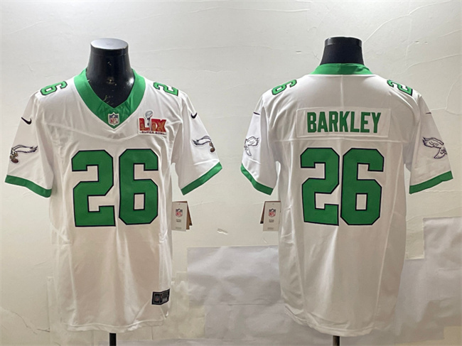 Philadelphia Eagles #26 Saquon Barkley White 2025 Super Bowl LIX Patch F.U.S.E. Vapor Untouchable Limited Stitched Football Jersey
