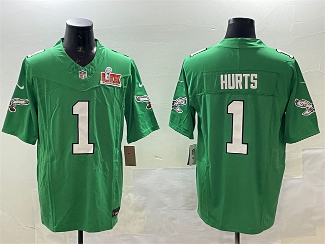 Philadelphia Eagles #1 Jalen Hurts Green 2025 Super Bowl LIX Patch F.U.S.E. Throwback Vapor Untouchable Limited Stitched Football Jersey
