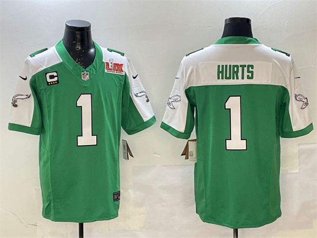 Philadelphia Eagles #1 Jalen Hurts Green White 2025 Super Bowl LIX Patch And 4-Star C Patch F.U.S.E. Vapor Untouchable Limited Football Stitched Jersey