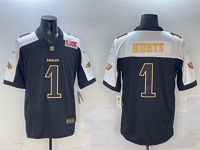 Philadelphia Eagles #1 Jalen Hurts Black Gold 2025 Super Bowl LIX Patch New F.U.S.E. Vapor Untouchable Limited Football Stitched Jersey