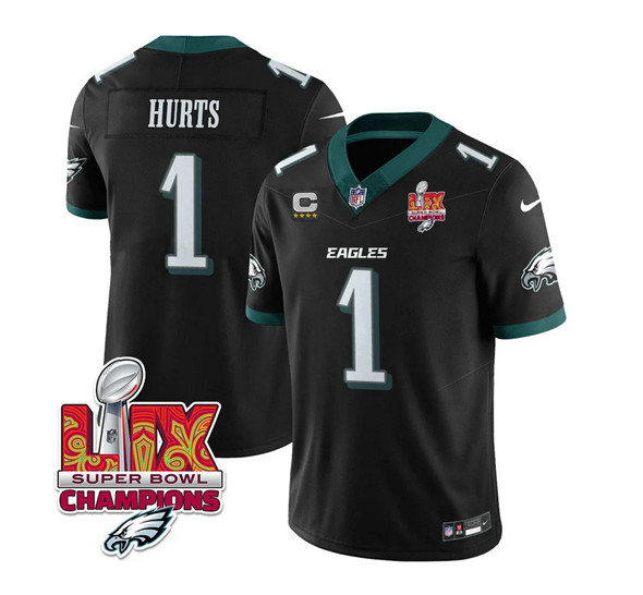 Philadelphia Eagles #1 Jalen Hurts Black 2025 Eagles Logo Super Bowl LIX Patch New F.U.S.E. Vapor Untouchable Limited Football Stitched Jersey