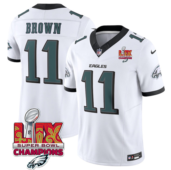 Philadelphia Eagles #11 A.J. Brown White 2025 Eagles Logo Super Bowl LIX Patch New F.U.S.E. Vapor Untouchable Limited Football Stitched Jersey