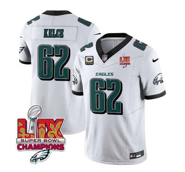 Philadelphia Eagles #62 Jason Kelce White 2025 Eagles Logo Super Bowl LIX Patch And 4-Star C Patch New F.U.S.E. Vapor Limited Football Stitched Jersey