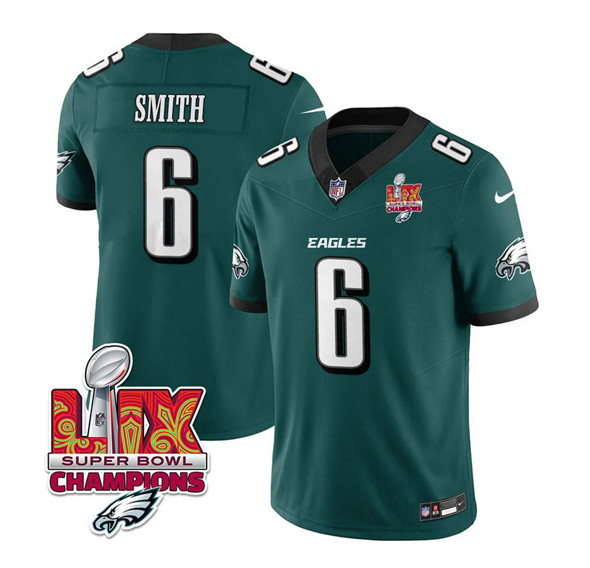 Philadelphia Eagles #6 DeVonta Smith Green 2025 Eagles Logo Super Bowl LIX Patch New F.U.S.E. Vapor Limited Football Stitched Jersey