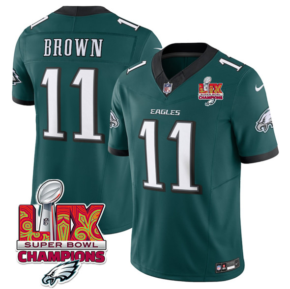 Philadelphia Eagles #11 A.J. Brown Green 2025 Eagles Logo Super Bowl LIX Patch New F.U.S.E. Vapor Untouchable Limited Football Stitched Jersey