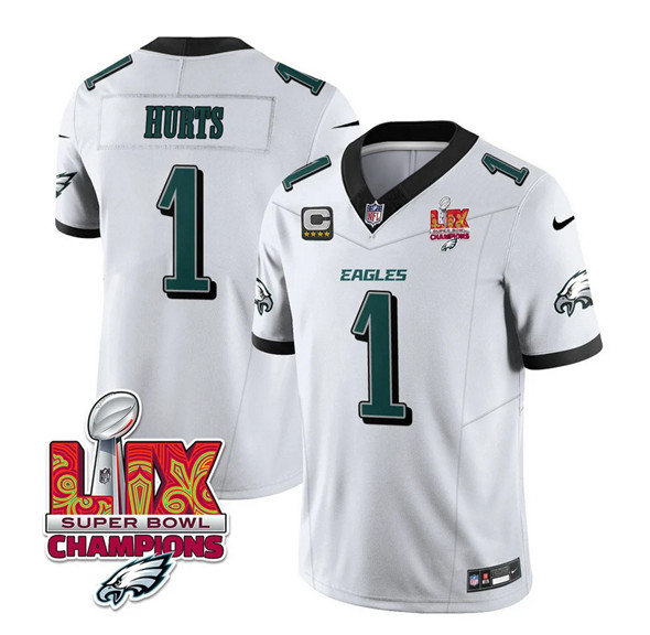 Philadelphia Eagles #1 Jalen Hurts White 2025 Eagles Logo Super Bowl LIX Patch New F.U.S.E. Vapor Untouchable Limited Football Stitched Jersey