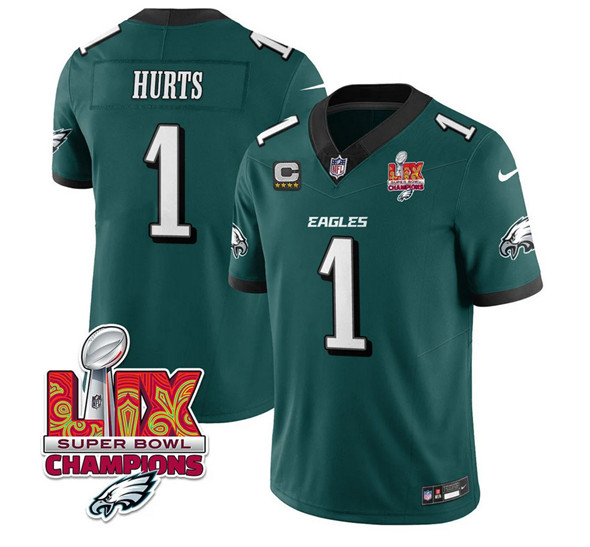 Philadelphia Eagles #1 Jalen Hurts Green 2025 Eagles Logo Super Bowl LIX Patch With 4-Star C Patch New F.U.S.E. Vapor Untouchable Limited Football Stitched Jersey