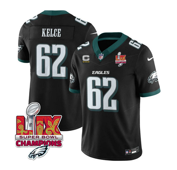 Philadelphia Eagles #62 Jason Kelce Black 2025 Eagles Logo Super Bowl LIX Patch And 4-Star C Patch New F.U.S.E. Vapor Limited Football Stitched Jersey