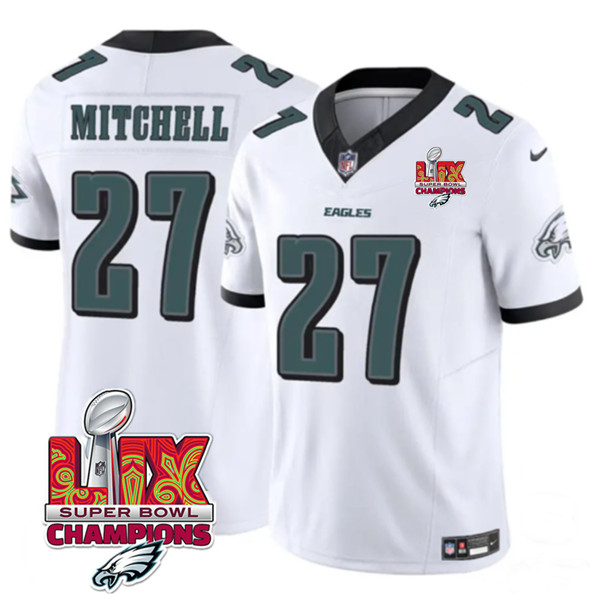 Philadelphia Eagles #27 Quinyon Mitchell White 2025 Eagles Logo Super Bowl LIX Patch New F.U.S.E. Vapor Limited Football Stitched Jersey