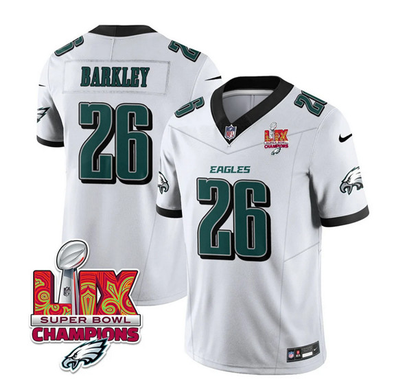 Philadelphia Eagles #26 Saquon Barkley White 2025 Eagles Logo Super Bowl LIX Patch New F.U.S.E. Vapor Untouchable Limited Football Stitched Jersey