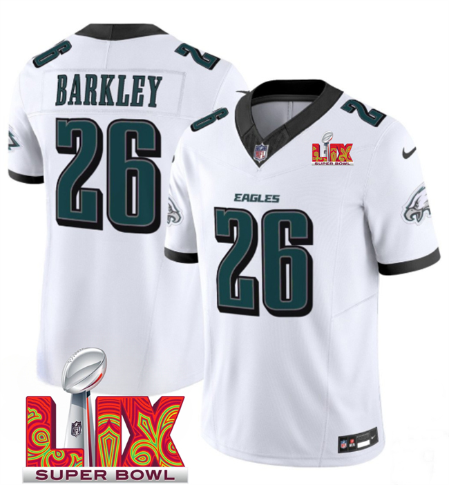 Philadelphia Eagles #26 Saquon Barkley White 2025 Super Bowl LIX Patch New F.U.S.E. Vapor Untouchable Limited Stitched Football Jersey