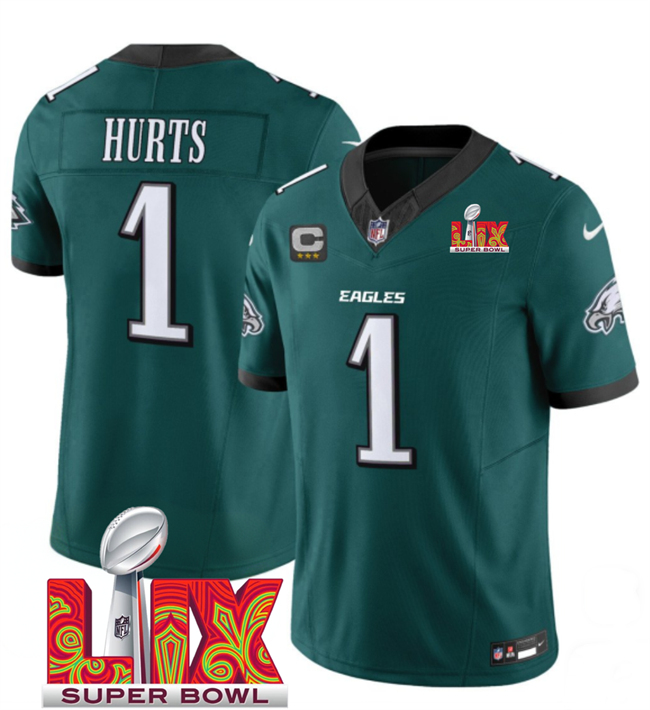 Philadelphia Eagles #1 Jalen Hurts Green 2025 Super Bowl LIX Patch With 3-Star C Patch New F.U.S.E. Vapor Untouchable Limited Stitched Football Jersey