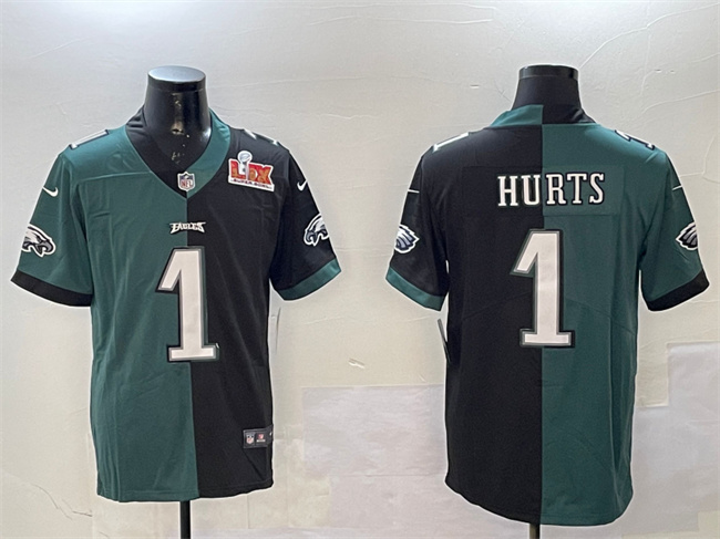 Philadelphia Eagles #1 Jalen Hurts Green & Black Split 2025 Super Bowl LIX Patch Vapor Untouchable Limited Stitched Football Jersey