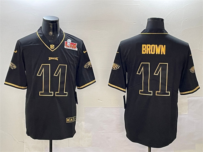 Philadelphia Eagles #11 A. J. Brown Black Gold 2025 Super Bowl LIX Patch Salute To Service Vapor Untouchable Limited Stitched Football Jersey