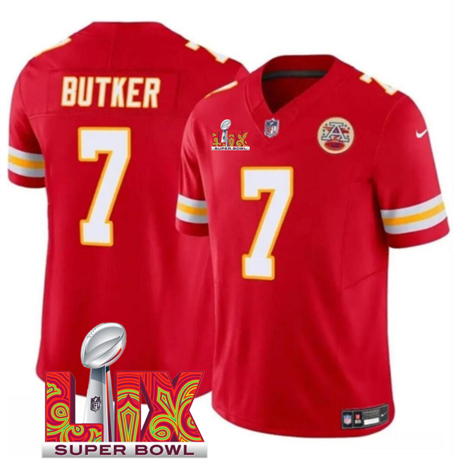 Kansas City Chiefs #7 Harrison Butker Red 2025 Super Bowl LIX Patch F.U.S.E. Vapor Limited Stitched Football Jersey
