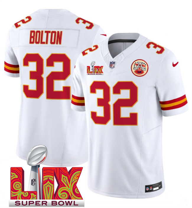 Kansas City Chiefs #32 Nick Bolton White 2025 Super Bowl LIX Patch F.U.S.E. Vapor Limited Stitched Football Jersey