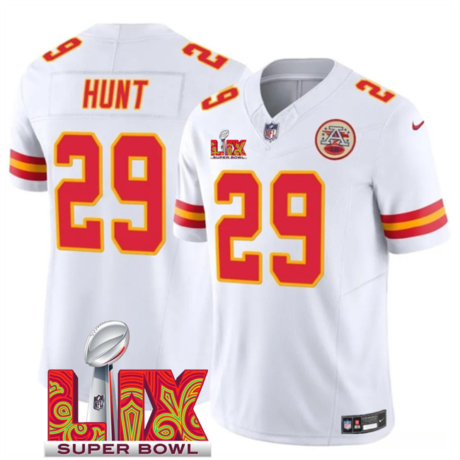 Kansas City Chiefs #29 Kareem Hunt White 2025 Super Bowl LIX Patch F.U.S.E. Vapor Limited Stitched Football Jersey