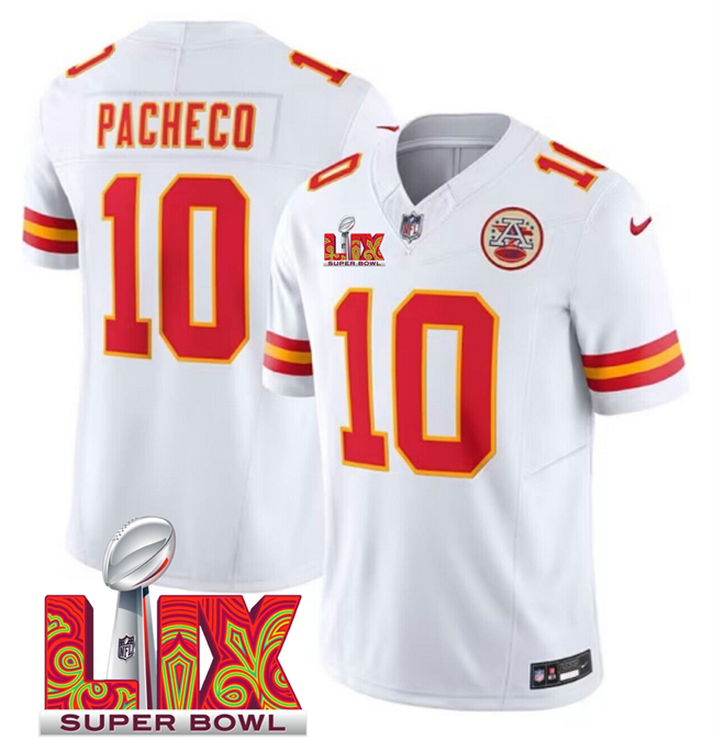 Kansas City Chiefs #10 Isiah Pacheco White 2025 Super Bowl LIX Patch F.U.S.E. Vapor Limited Stitched Football Jersey