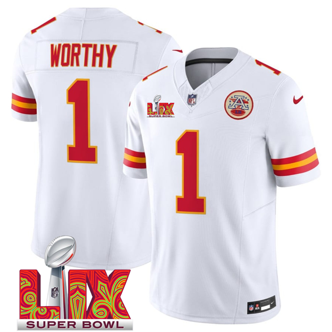 Kansas City Chiefs #1 Xavier Worthy White 2025 Super Bowl LIX Patch F.U.S.E. Vapor Limited Stitched Football Jersey