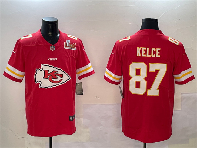Kansas City Chiefs #87 Travis Kelce Red 2025 Super Bowl LIX Patch Team Big Logo Vapor Limited Stitched Football Jersey