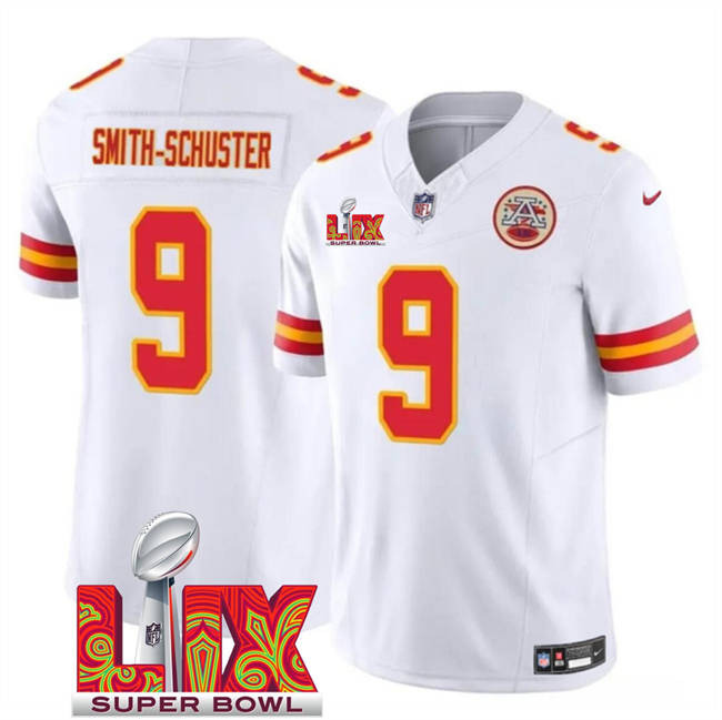 Kansas City Chiefs #9 JuJu Smith-Schuster White 2025 Super Bowl LIX Patch F.U.S.E. Vapor Limited Stitched Football Jersey