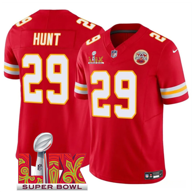 Kansas City Chiefs #29 Kareem Hunt Red 2025 Super Bowl LIX Patch F.U.S.E. Vapor Limited Stitched Football Jersey