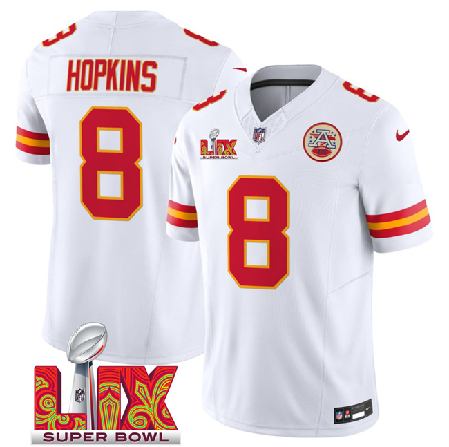 Kansas City Chiefs #8 DeAndre Hopkins White 2025 Super Bowl LIX Patch F.U.S.E. Vapor Limited Stitched Football Jersey