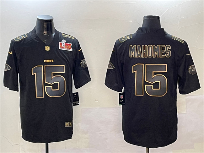 Kansas City Chiefs #15 Patrick Mahomes Black Gold 2025 Super Bowl LIX Patch Vapor Limited Stitched Football Jersey