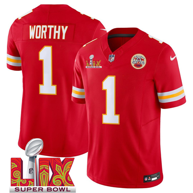 Kansas City Chiefs #1 Xavier Worthy Red 2025 Super Bowl LIX Patch F.U.S.E. Vapor Limited Stitched Football Jersey