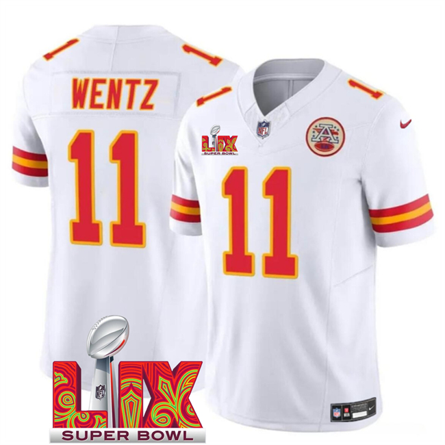 Kansas City Chiefs #11 Carson Wentz White 2025 Super Bowl LIX Patch F.U.S.E. Vapor Limited Stitched Football Jersey