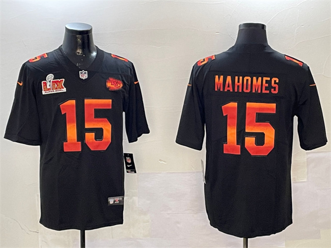 Kansas City Chiefs #15 Patrick Mahomes Black 2025 Super Bowl LIX Patch Fashion Vapor Limited Stitched Football Jersey