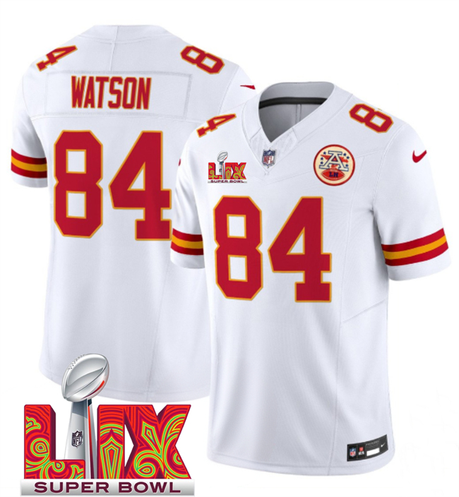 Kansas City Chiefs #84 Justin Watson White 2025 Super Bowl LIX Patch F.U.S.E. Vapor Limited Stitched Football Jersey