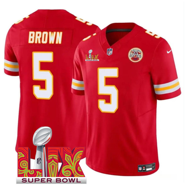 Kansas City Chiefs #5 Hollywood Brown Red 2025 Super Bowl LIX Patch F.U.S.E. Vapor Limited Stitched Football Jersey
