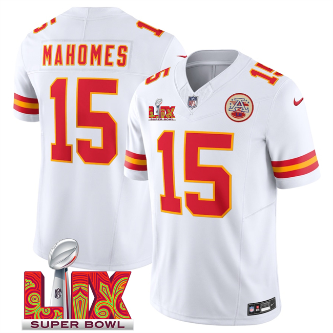 Kansas City Chiefs #15 Patrick Mahomes White 2025 Super Bowl LIX Patch F.U.S.E. Vapor Limited Stitched Football Jersey
