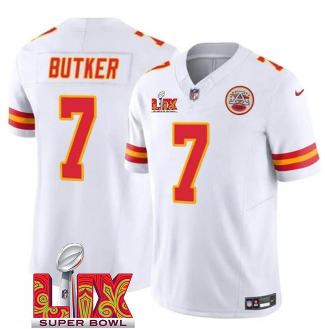 Kansas City Chiefs #7 Harrison Butker White 2025 Super Bowl LIX Patch F.U.S.E. Vapor Limited Stitched Football Jersey