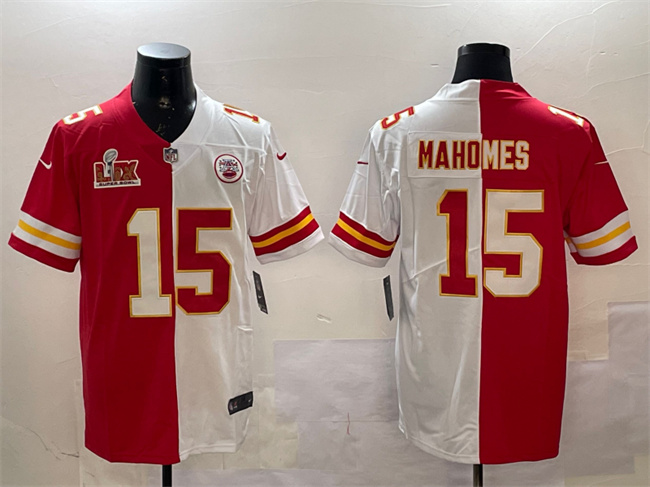 Kansas City Chiefs #15 Patrick Mahomes Red & White Split 2025 Super Bowl LIX Patch Vapor Limited Stitched Football Jersey